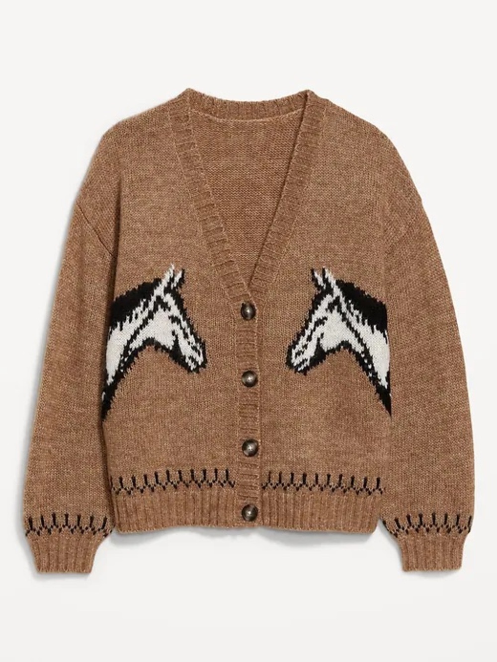 Old Navy Tan Brown Horse Intarsia V‑Neck Button Cardigan